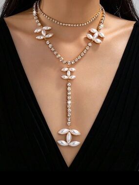 Elegant Gold Pearl & Crystal Y-Lariat Necklace